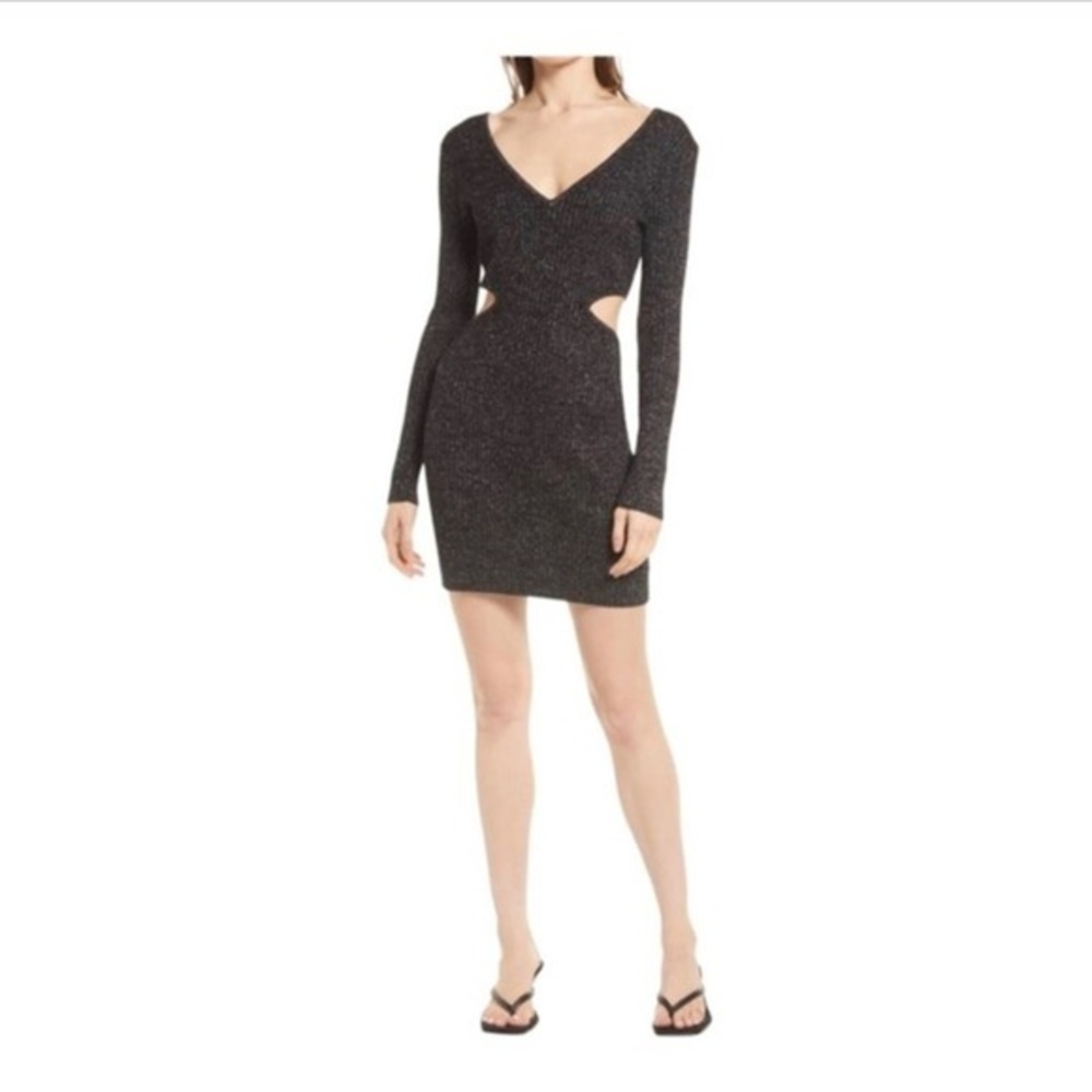 Open Edit Sparkle Cutout Sweater Dress Black Silver Mini Dress NWOT Size L